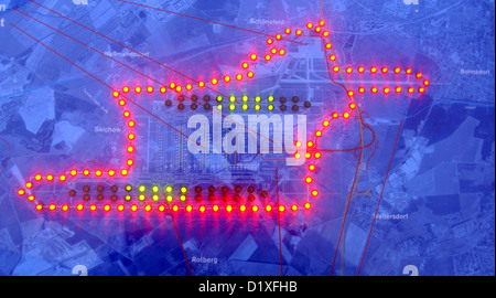 Datei - eine Datei Foto datiert 20. Februar 2003 zeigt die Gliederung des neuen Berliner Flughafens während einer Presenmtation der Flughafen Berlin-Schönefeld, Deutschland. Berichten zufolge, die der Oktober 2013 Eröffnung Frist verpassen würde. Jetzt scheint keine Chance, Flugverkehr innerhalb oder außerhalb des neuen Flughafens vor 2014. Foto: Ralf Hirschberger Stockfoto