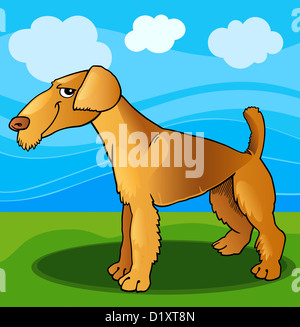 Cartoon-Illustration von lustigen Airedale Terrier Hund gegen blauen Himmel Stockfoto