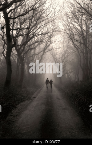 Ein paar Fuß auf einer von Bäumen gesäumten Straße im Nebel Stockfoto