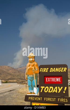 Smokey Bear extreme Feuer Warnschild mit einer Wolke aus Rauch von einem Waldbrand im Hintergrund in Boise County, Idaho, USA. Stockfoto