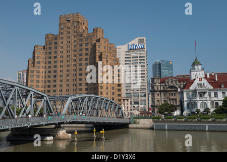 Waibaidu Brücke, Broadway Villen und russischen Konsulat Gebäude in der Nähe von Bund, Shanghai, China Stockfoto