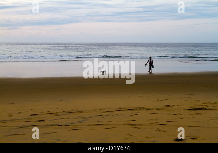 Eine Frau geht ihren Hund an einem einsamen Strand in der Nähe von Todos Santos, Baja, Mexiko Stockfoto