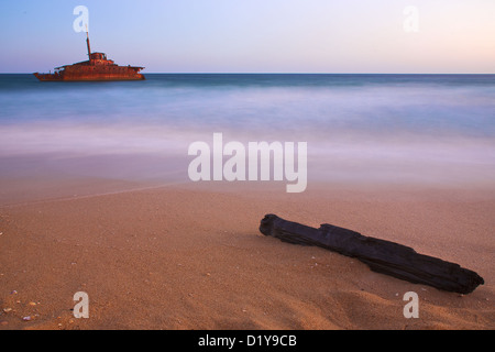 Ein Schiffswrack am Ufer des Strandes, mit einem Baumstamm im Vordergrund Stockfoto