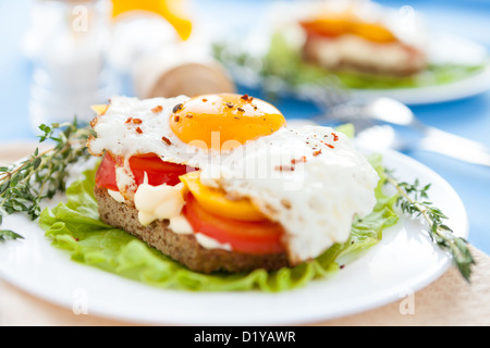 Spiegeleier mit Paprika und Tomaten auf einem weißen Teller, Essen Stockfoto