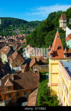 Ansicht von Sighisoara/Schäßburg sächsischen befestigte mittelalterliche Zitadelle vom Uhrturm, Siebenbürgen, Rumänien Stockfoto