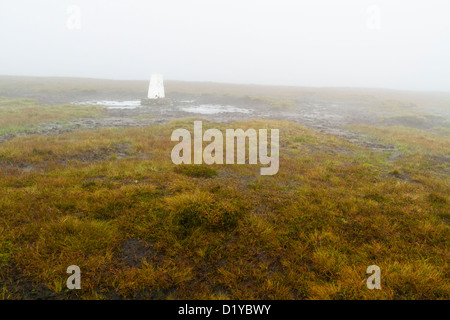 Triangulation, Säule oder trig Point zeigen im dichten Nebel, auf Torf moorland am braunen Knoll in Derbyshire Peak District, England, UK bog Stockfoto