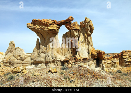 Bogen mit versteinertem Holz, Hoodoos, De-Na-Zin Wilderness, San Juan Bassin, New Mexico, USA Stockfoto