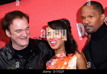 US-amerikanischer Regisseur Quentin Tarantino (L-R), kommen Akteure Kerry Washington und Jamie Foxx für die Premiere des neuen Films "Django Unchained" Cinestar-Kinos in Berlin, Deutschland, 8. Januar 2013. Der Film sollte in den deutschen Kinos am 17. Januar 2013 veröffentlicht werden. FOTO: BRITTA PEDERSEN Stockfoto