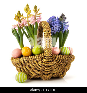 Korb Frühling Hyazinthen in rosa und blau und bunte Ostereier Stockfoto