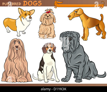 Cartoon Comic-Illustration von Hunderassen oder reinrassige Hunde Set Stockfoto