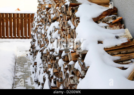 Brennholz für einen Kamin im Schnee Stockfoto