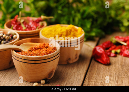 Vier Arten von Gewürzen und einige Jalapenos auf dem Holztisch Stockfoto