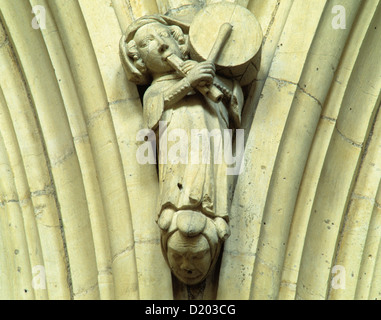 Beverley Minster, geschnitzte mittelalterliche Stein Musiker, Rohr und Tabor Tamborine, Musikinstrument, Musik, Musiker, die musikalische Stockfoto