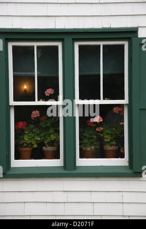 Rosa und rote Geranien im Fenster das Bauernhaus von Anne of Green Gables in Cavendish Stockfoto