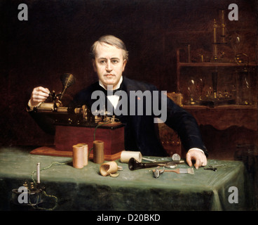 Alva (1847 – 1931) und seinem Phonographen. Porträtmalerei von Abraham Archibald Anderson 1890. Stockfoto