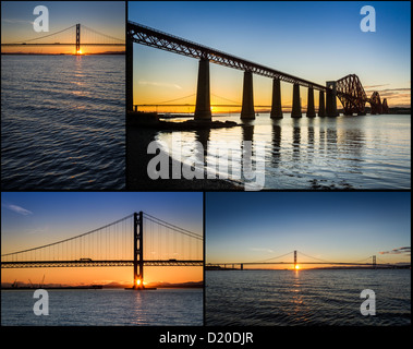 Postkarte von Sonnenuntergang über die Forth Road Bridge in Schottland Stockfoto