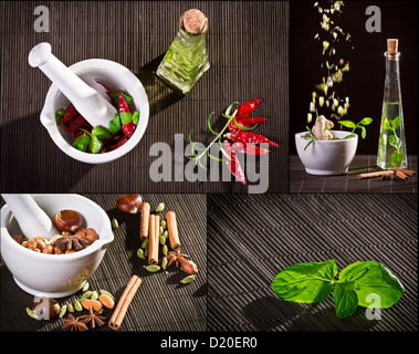 Collage von Gewürzen im Mörser Stockfoto