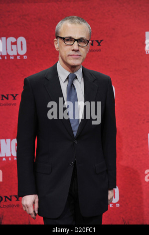 Deutsch-österreichische Schauspieler Christoph Waltz besucht die Premiere des Films "Django Unchained" im Cinestar Theater im Sony Center, Potsdamer Platz in Berlin. 8. Januar 2013 Stockfoto