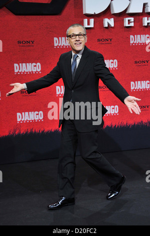 Deutsch-österreichische Schauspieler Christoph Waltz besucht die Premiere des Films "Django Unchained" im Cinestar Theater im Sony Center, Potsdamer Platz in Berlin. 8. Januar 2013 Stockfoto