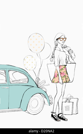 Mode-Illustration von einer Frau, die neben einem Auto Stockfoto