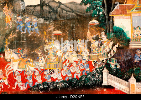 Detail der Ramayana Wandmalerei in der Silber-Pagode auf dem Gelände des königlichen Palastes in Phnom Penh, Kambodscha, Asien. Stockfoto