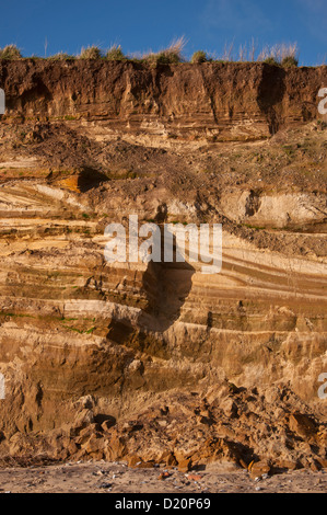 bunte Sedimentschichten der eiszeitlichen Sand und Schlamm Covehithe Klippe Suffolk Geologie Stockfoto