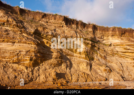 bunte Sedimentschichten der eiszeitlichen Sand und Schlamm Covehithe Klippe Suffolk Geologie Stockfoto