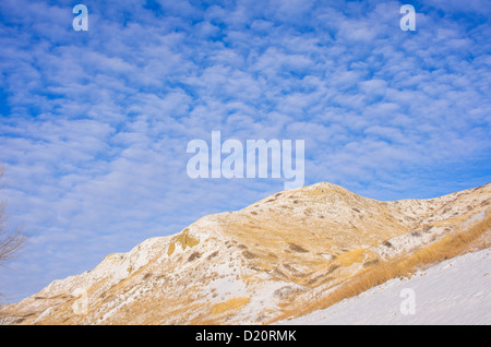 Leichte Winter Schneedecke auf Prärie Coulee in Indian Battle Park in Lethbridge, Alberta Stockfoto