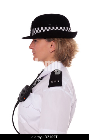 Studioaufnahme von britische Polizistin in uniform, Seitenprofil zeigt ihre Epauletten und Radio mic. Stockfoto