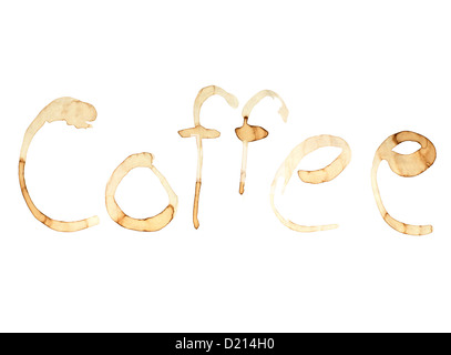 Kaffee Flecken auf weißem Hintergrund. In einem White Paper geschrieben "Coffee" mit Kaffee Flecken. Stockfoto