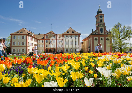 Blumenwiese mit Tulpen und Schloss Mainau, Insel Mainau, Bodensee, Baden-Württemberg, Deutschland, Europa Stockfoto