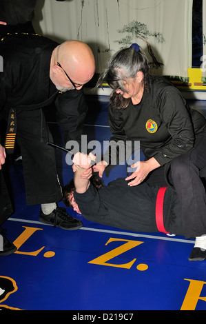 Hapkido Schwarzgurt und roten Gürtel Kämpfer üben ihre Kunst in einer Kampfkunst-Schule. Stockfoto