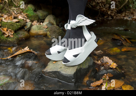 Vivienne Westwood Flügel Schuh auf Felsen im Fluss. Stockfoto