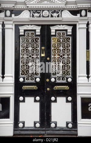 Dunkle braune Tür und Gitter mit weißem Ornament, Kings Tür, Dublin, County Dublin, Irland Stockfoto