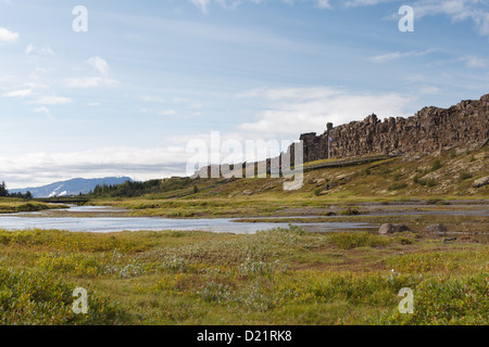 Logberg in Thingvellir, Standort des alten isländischen Parlaments Stockfoto
