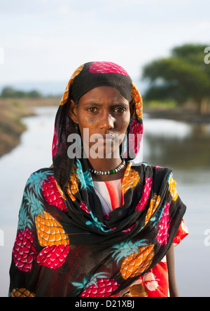 Afar Stamm Frau mit Scarifications auf ihrem Gesicht, Assaita, Afar Regional State, Äthiopien Stockfoto