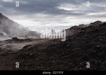 Touristen erkunden Sie die dampfenden Wanderwege auf Vulkan Leirhnjúkur, Vulkangebiet Krafla, Island. Stockfoto