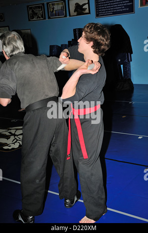 Hapkido Schwarzgurt und roten Gürtel Kämpfer üben ihre Kunst in einer Kampfkunst-Schule. Stockfoto