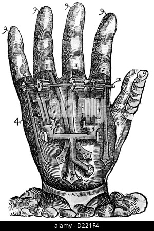 Französischer Chirurg AMBROISE PARÉ (1510-1590). Einer künstlichen Hand aus seinem 1564 Buch Instrumenta Chyrurgiae et Faltumschlag Anathomicae Stockfoto