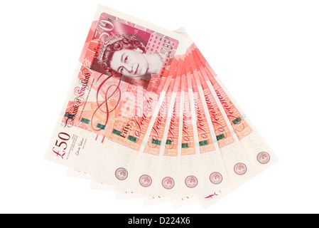 London, Vereinigtes Königreich - 16. Mai 2012: ein Bündel von UK fünfzig Pfund Banknoten, die für Effekt aufgefächert. Stockfoto