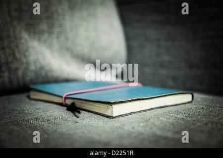 Blaue Leder-Notebook auf dem Sofa, HDR-Fotografie Stockfoto