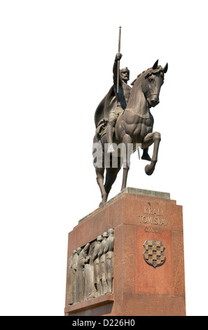 Nahaufnahme von König Tomislav (erste kroatische König) Statue in Zagreb, Kroatien. Isoliert auf weiss. Stockfoto