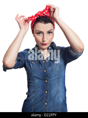 Frau in Jeanshemd mit rotem Halstuch Stockfoto
