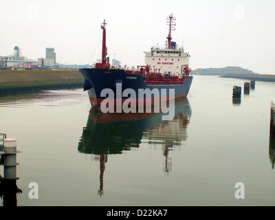 Ein Steuermann wird an den Schleusen von Antwerpen gesehen, der ein Handelsschiff steuert. Der Steuermann spielt eine entscheidende Rolle bei der Führung der Schiffe durch die Schleusen, um eine sichere und effiziente Durchfahrt für Fracht und andere Schiffe in diesem geschäftigen internationalen Hafen zu gewährleisten. Stockfoto