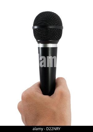 Mikrofon in der Hand auf weißem Hintergrund Stockfoto