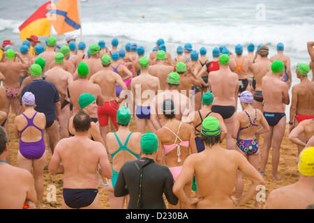 Männliche und weibliche Teilnehmer am Ocean Swim Series-Rennen 2013 in Avalon Beach in Sydney. Am 13. Januar 2013. Das Avalon Beach 1,5km Ocean Swim Race, Teil der pittwater Ocean Swim Reihe von Veranstaltungen, Avalon Beach, Sydney, Australien Stockfoto