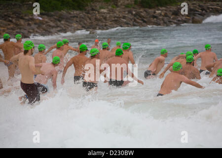 Sydney, Australien. 13. Januar 2013. Das Avalon Beach 1,5km Ocean Swim Race, Teil der pittwater Ocean Swim Reihe von Veranstaltungen, Avalon Beach, Sydney, NSW, Australien. Abbildung: Männer schwimmen im Meer, während männliche Schwimmer zu Beginn des Rennens in den Ozean waten, Australien Stockfoto