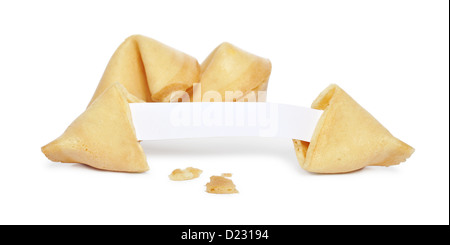 Glückskekse mit leeren Slip isoliert auf weißem Hintergrund Stockfoto