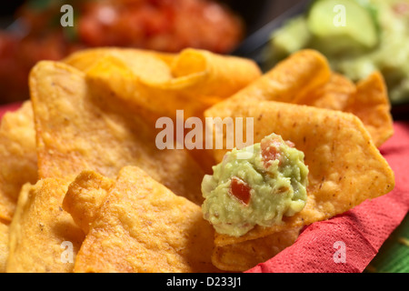 Frische hausgemachte Guacamole (eine mexikanische Sauce aus Avocado Creme, Tomate und Zwiebeln) auf ein Nacho in eine Schüssel voll mit nachos Stockfoto