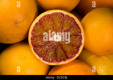 Citrus X sinenesis. Blutorangen in einer Obstschale. Stockfoto